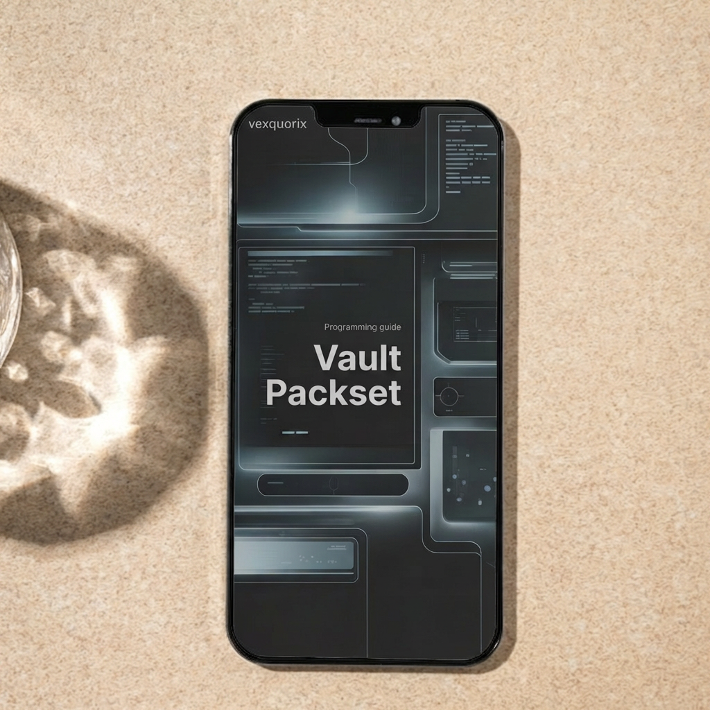 Phone with 'Vault Packset' design on a beige surface