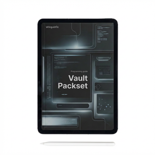 Digital tablet displaying a 'Vault Packset' programming guide on a white background