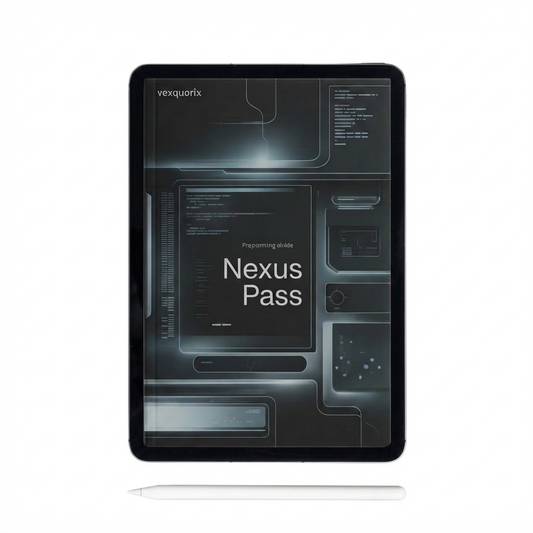 Digital mockup of a tablet with 'Nexus Pass' on the screen, featuring the vexquorix logo.